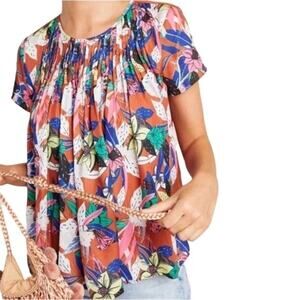 Dolan Left Coast Anthropologie Pleated Floral Top Terra Cotta Short Sleeve XS